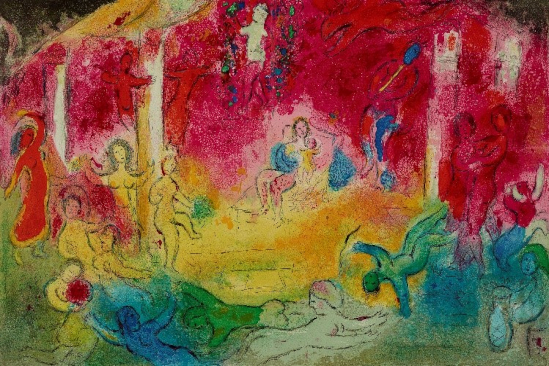 Marc Chagall „Temple et histoire de Bacchus“, 1961 Blatt 35 aus dem Portfolio Daphnis et Chloé © VG Bild-Kunst, Bonn 2023